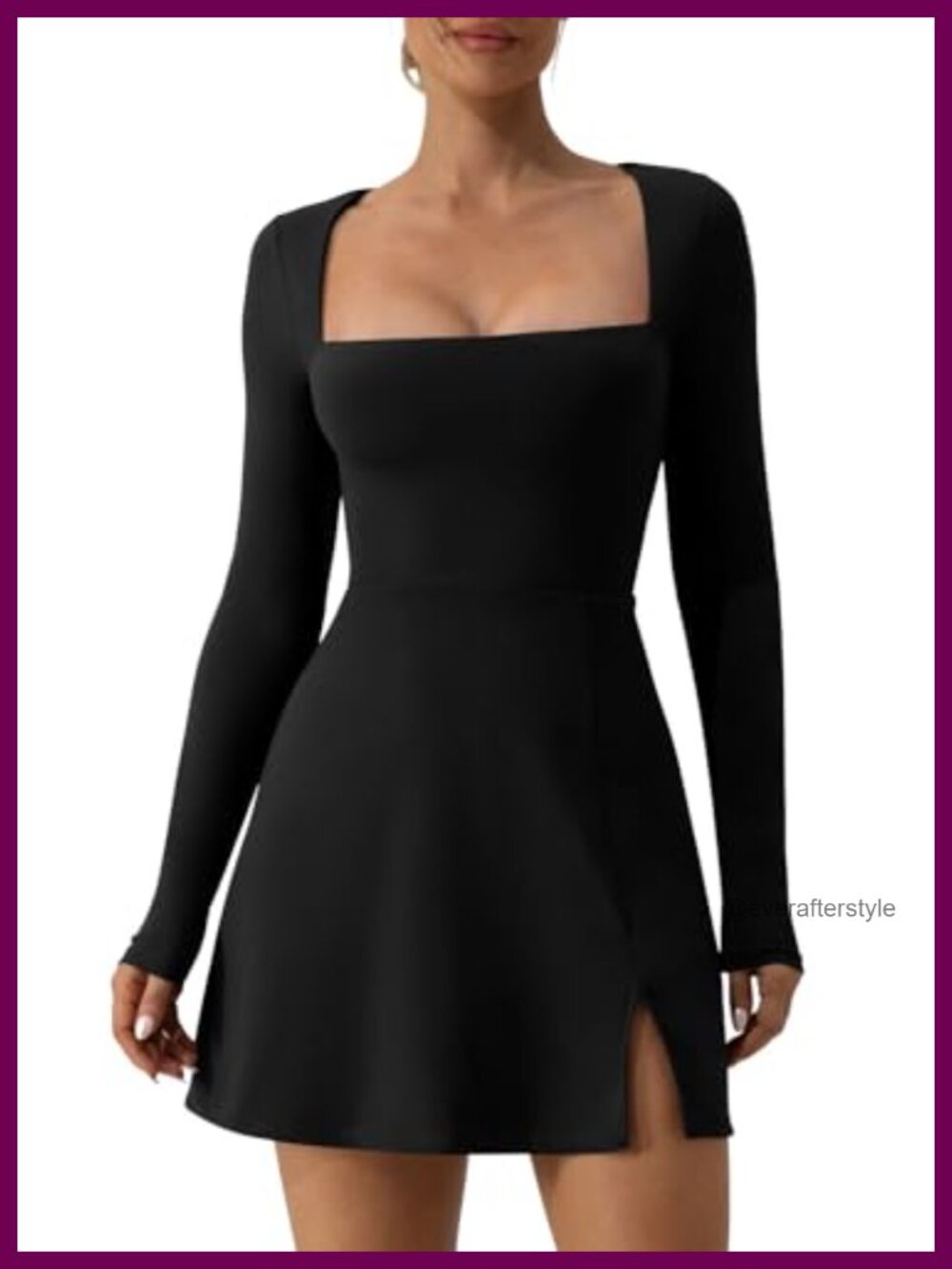 Square Neck Long Sleeve Flare Mini Dress Side Slit Bodycon Casual Party